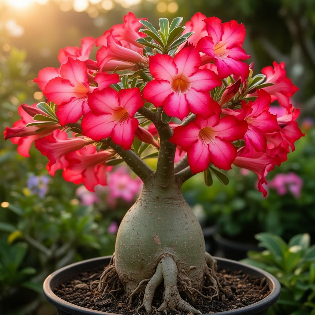 Rosa do Deserto florida com caudex robusto e flores rosas vibrantes